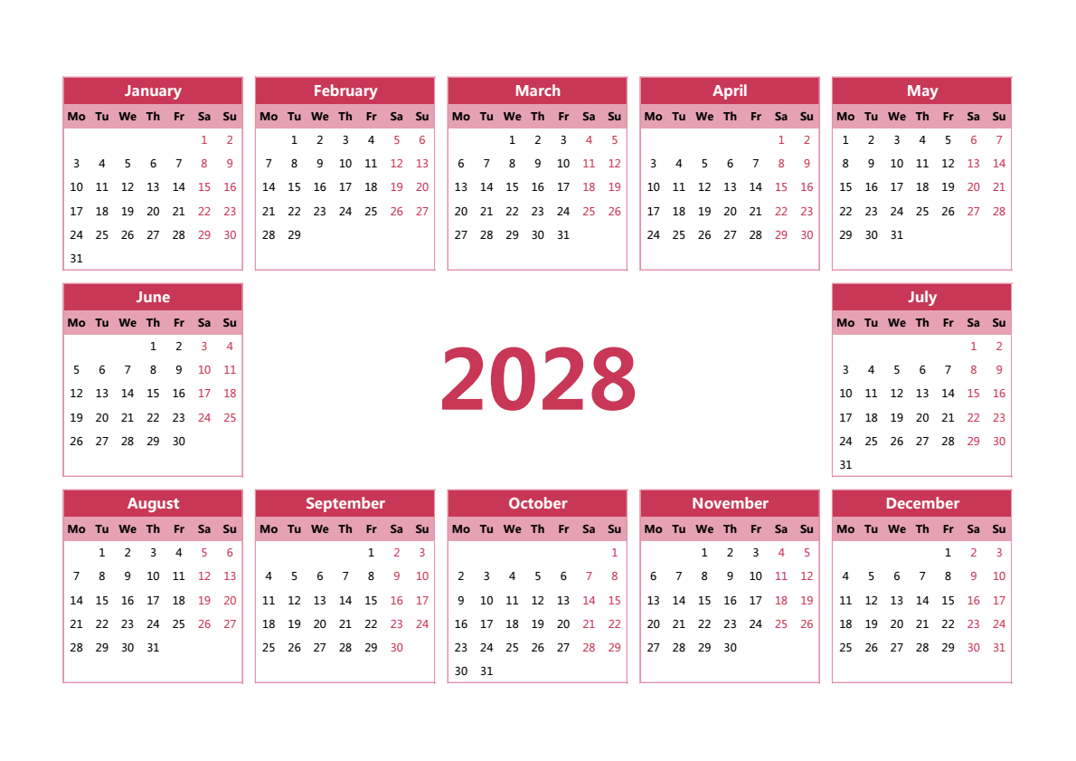 2028年日历 A3横向 英文版 无农历 无周数 周一开始